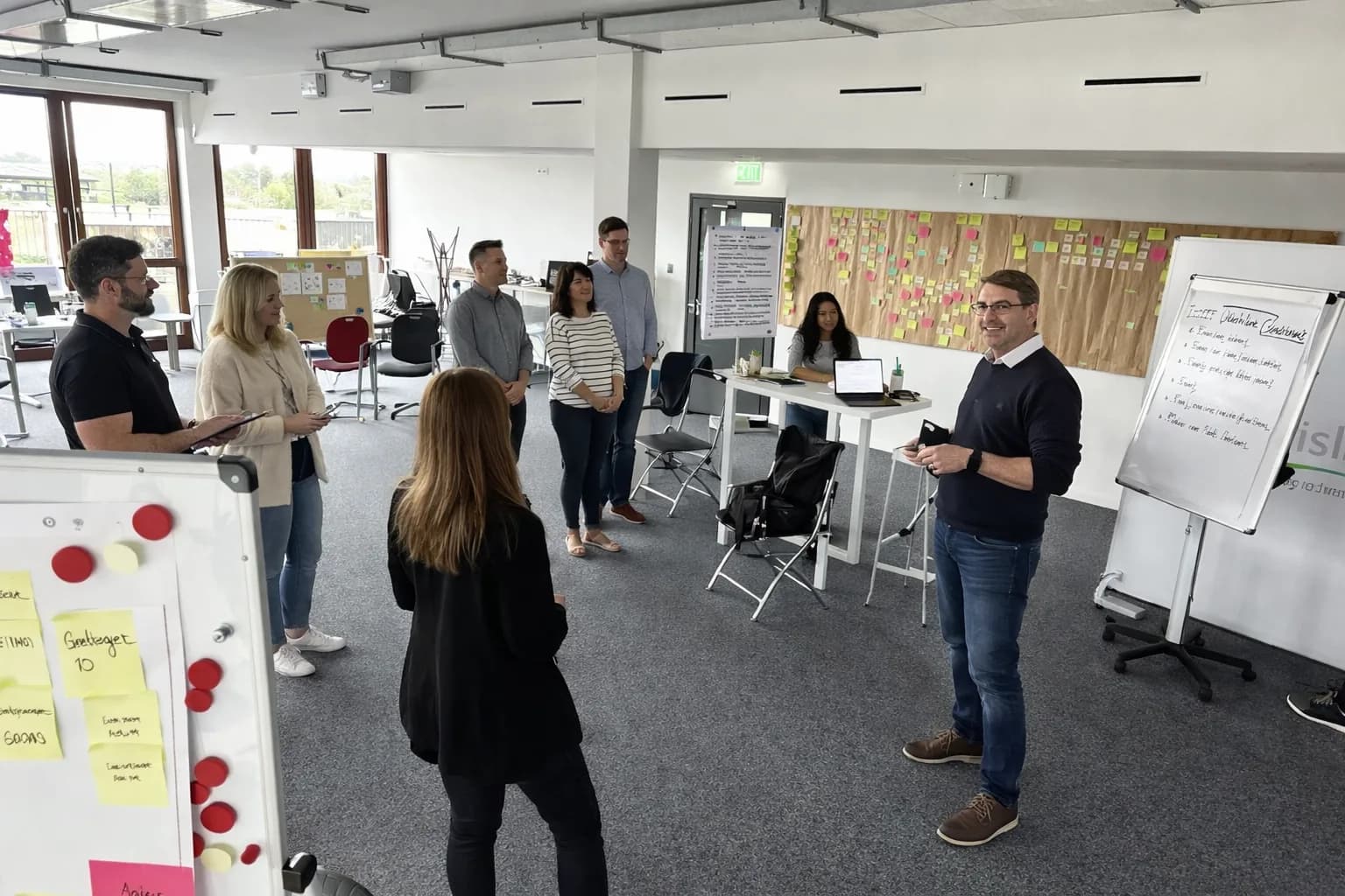 Bereichsübergreifender Workshop mit großflächig visualisiertem Prozessbild an einer Wand.